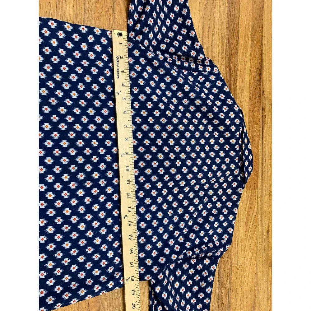 Michael Kors Navy Blue Geometric Ikat Full Zip Blouse Top Long Sleeve Small